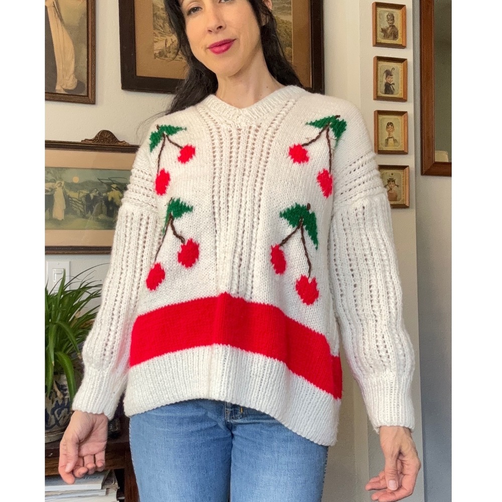 Handmade Hand Knit Vintage Chunky Knit Cherry Sweater Cream Red V-Neck Pullover